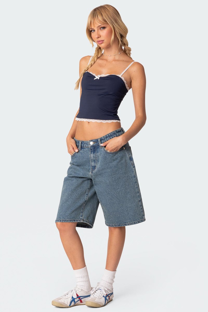 Edikted Alara Lace Trim Tank Crop Tops Navy | USA OX033873Z8