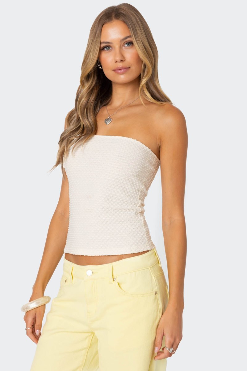 Edikted Albina Textured Tube Strapless Tops Cream | USA EG940744Q2