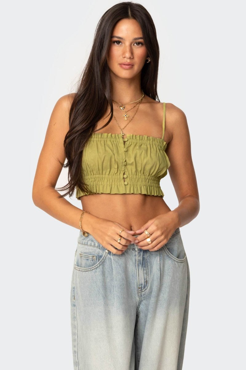 Edikted Alda Cropped Button Front Crop Tops Green | USA SV506340J0