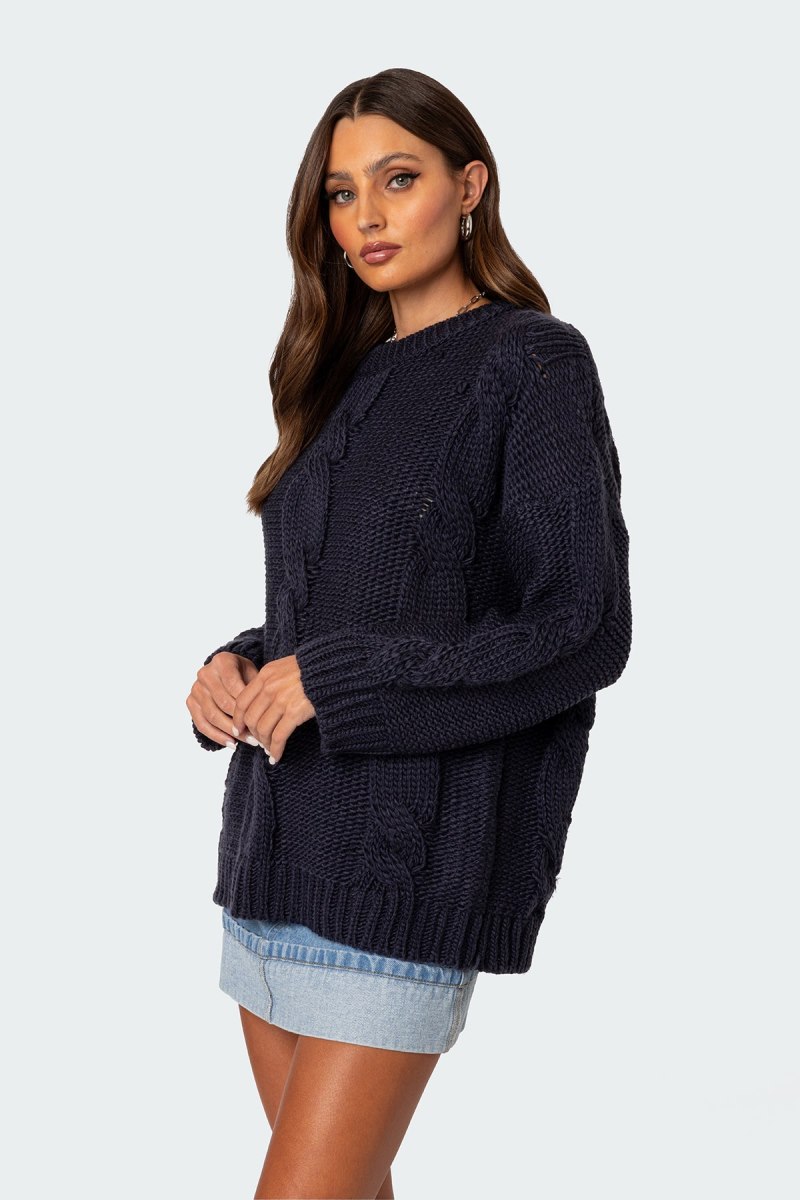 Edikted Alene Oversized Cable Knit Sweater Long Sleeve Tops Navy | USA PG069316E5