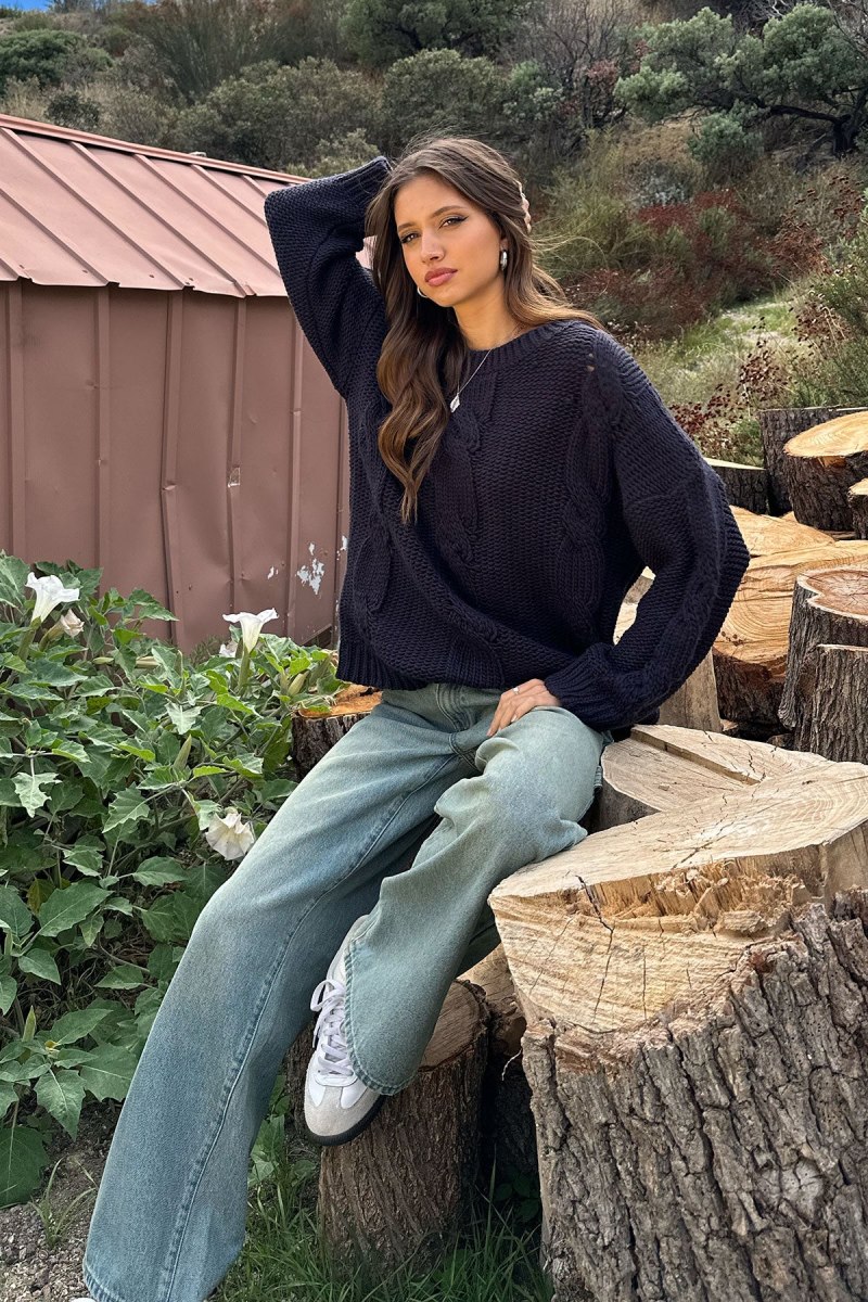 Edikted Alene Oversized Cable Knit Sweater Long Sleeve Tops Navy | USA PG069316E5