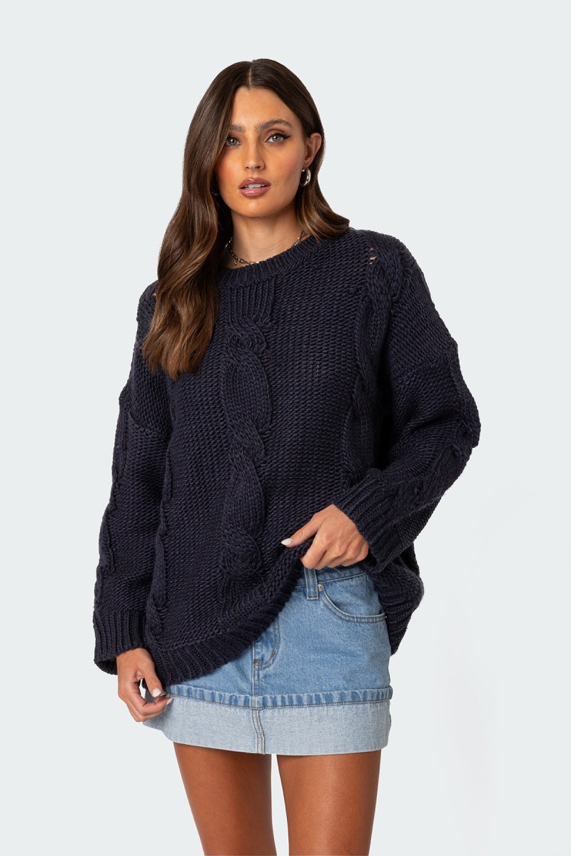 Edikted Alene Oversized Cable Knit Sweater Navy | USA CB911091A0