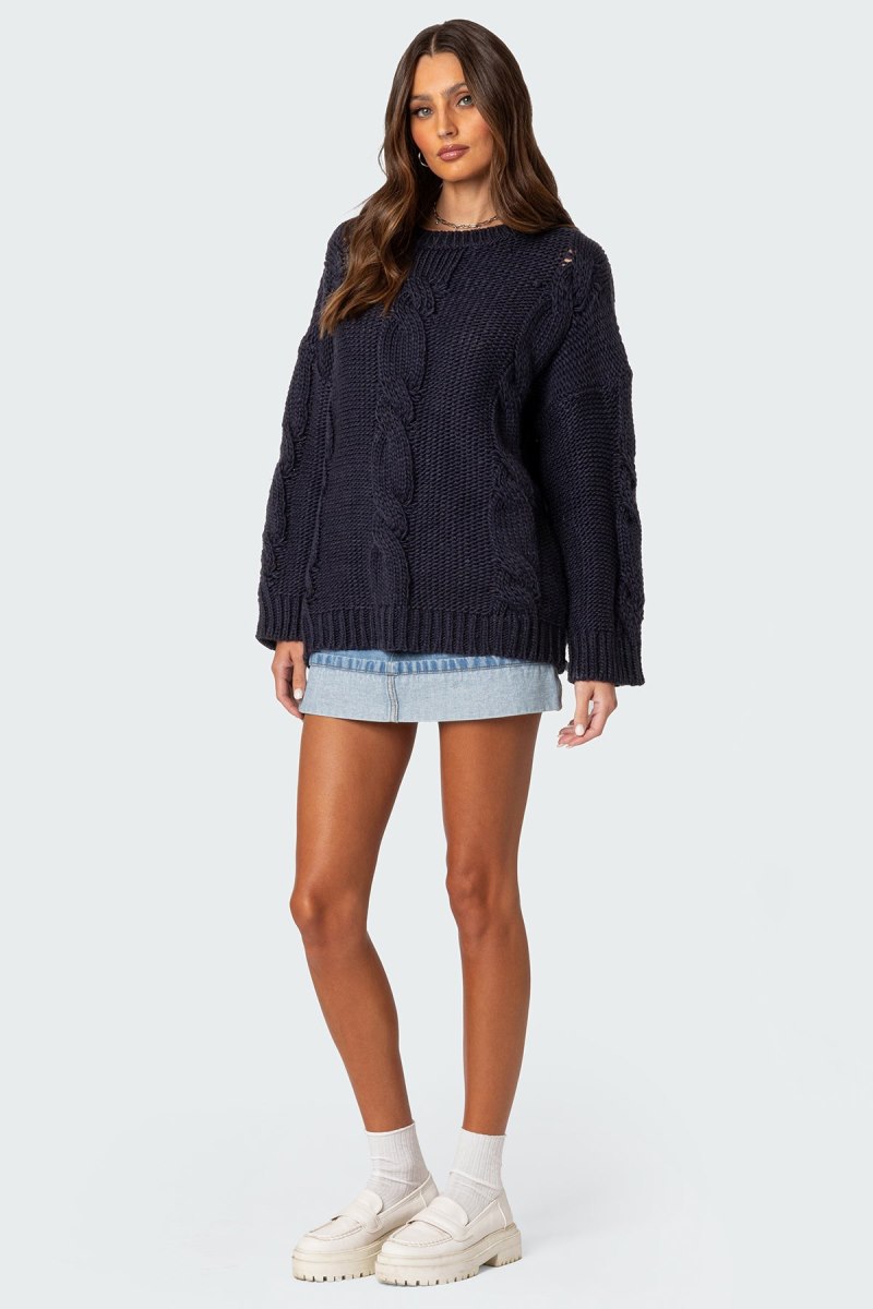 Edikted Alene Oversized Cable Knit Sweater Navy | USA CB911091A0