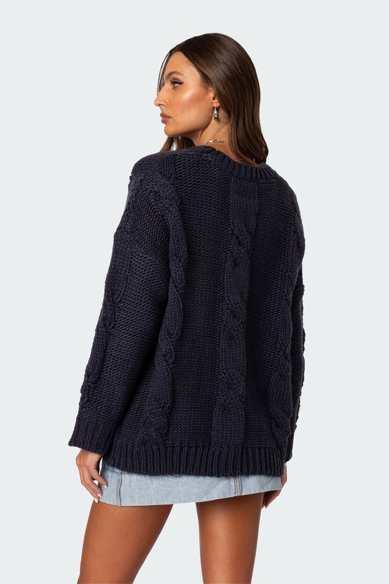 Edikted Alene Oversized Cable Knit Sweater Navy | USA CB911091A0