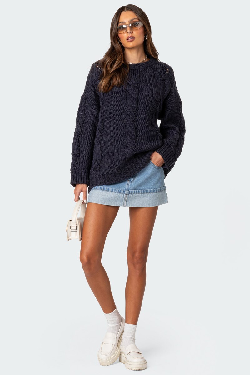 Edikted Alene Oversized Cable Knit Sweater Navy | USA CB911091A0