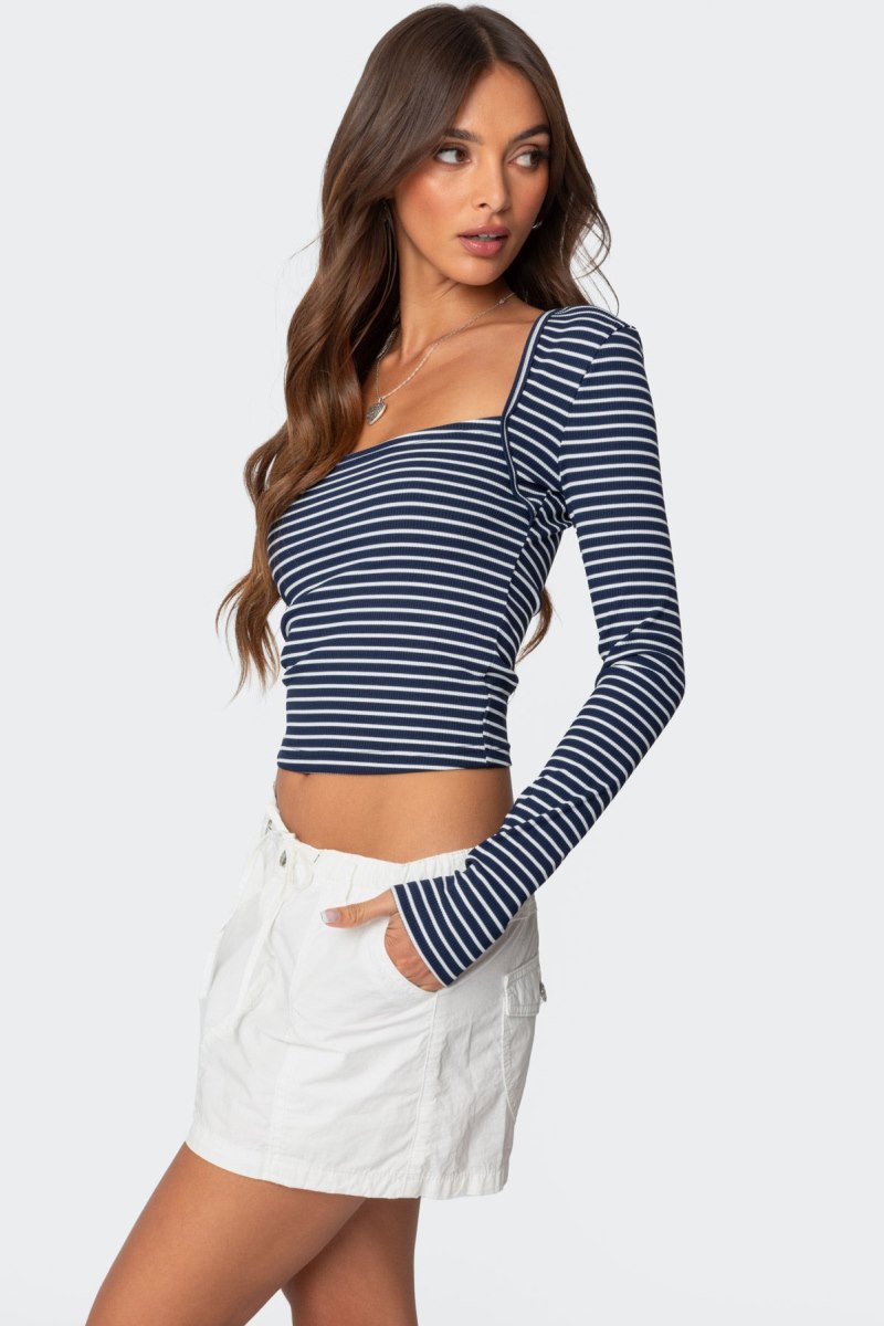 Edikted Alex Striped Long Sleeve Tops Navy And White | USA KI828132M0