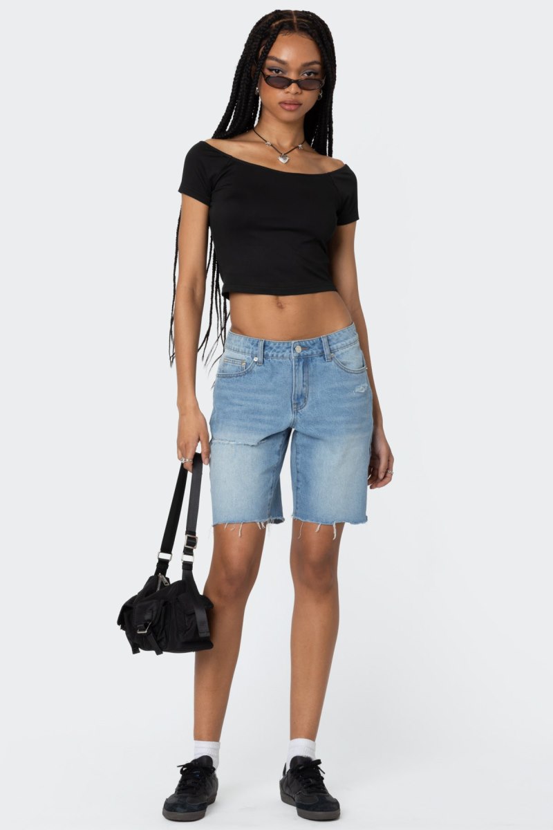 Edikted Alexandera Boat Neck T Shirt Crop Tops Black | USA US549774Y9