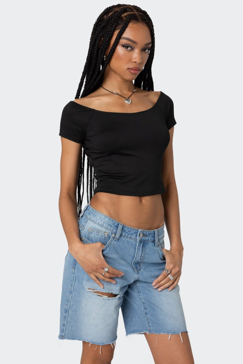 Edikted Alexandera Boat Neck T Shirt Crop Tops Black | USA US549774Y9