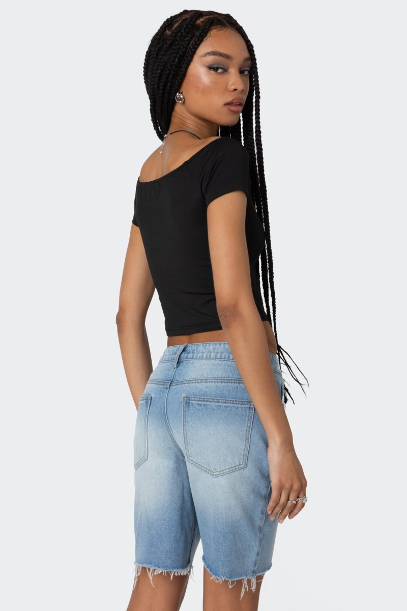 Edikted Alexandera Boat Neck T Shirt Crop Tops Black | USA US549774Y9