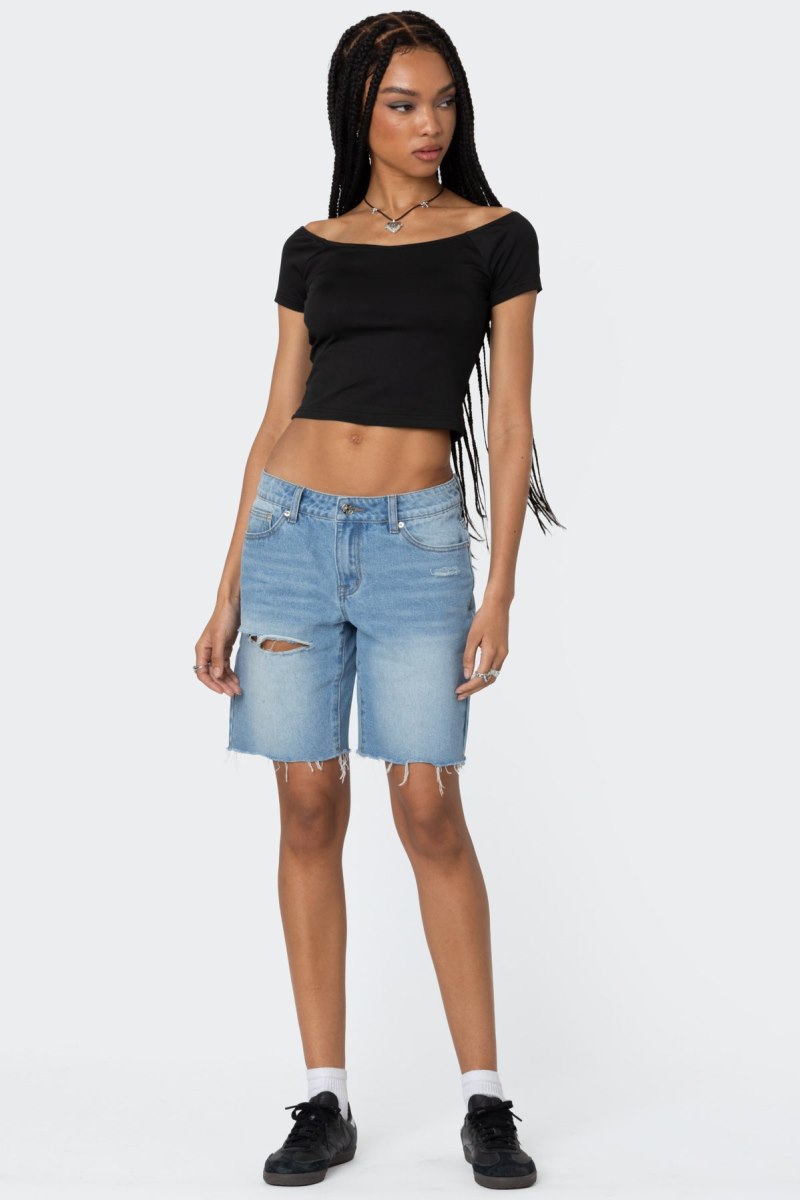 Edikted Alexandera Boat Neck T Shirt Crop Tops Black | USA US549774Y9