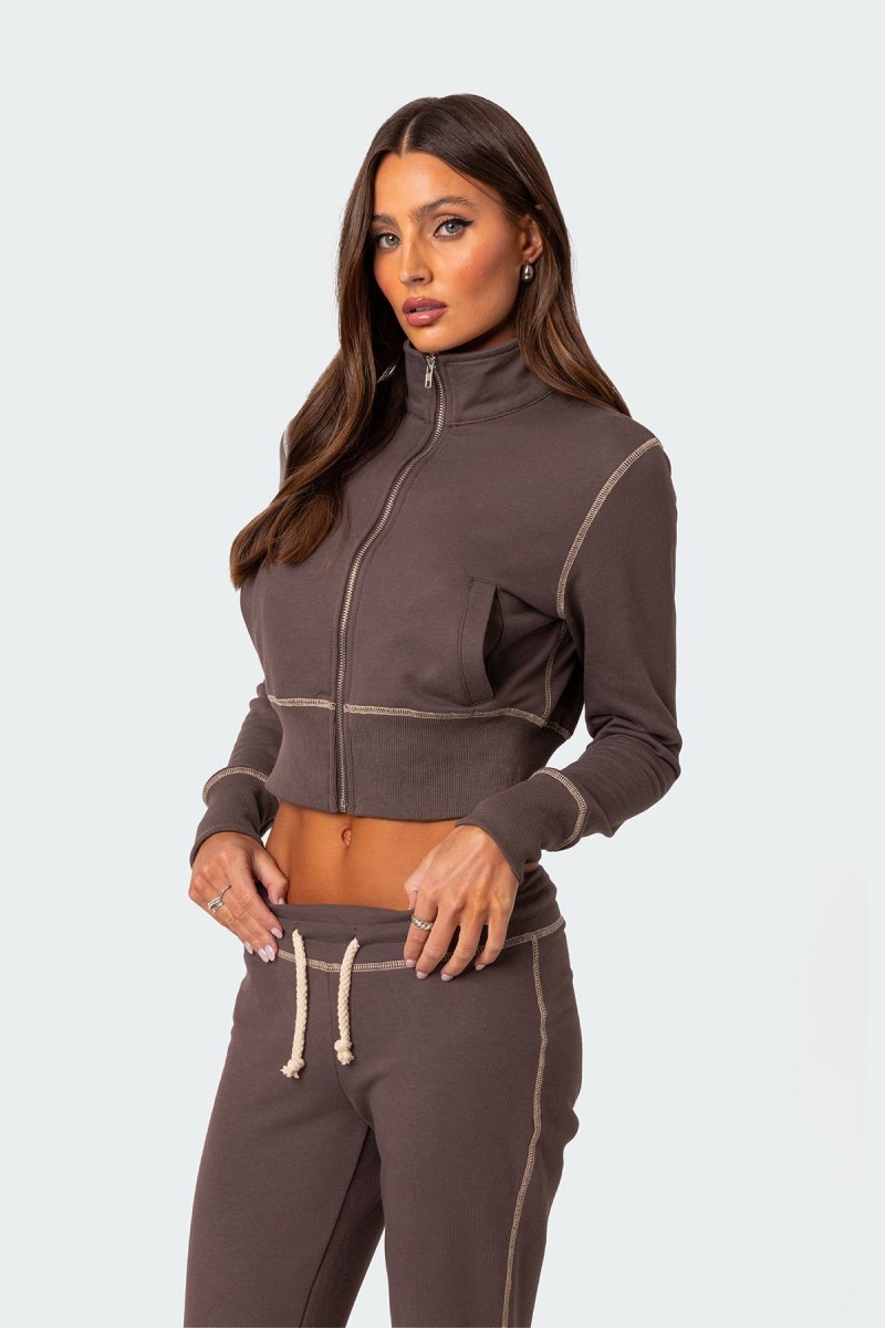 Edikted Alexia Zip Up Sweatshirt Long Sleeve Tops Brown | USA ND869516M9