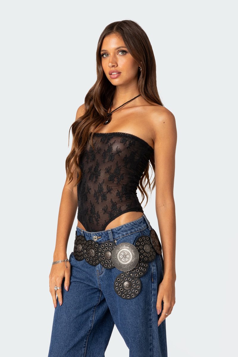Edikted Alina Sheer Lace Bodysuit Black | USA PR763696L9