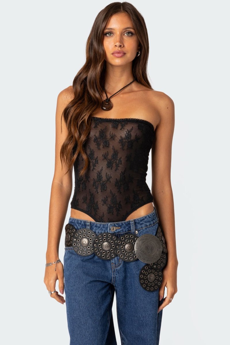 Edikted Alina Sheer Lace Bodysuit Black | USA PR763696L9