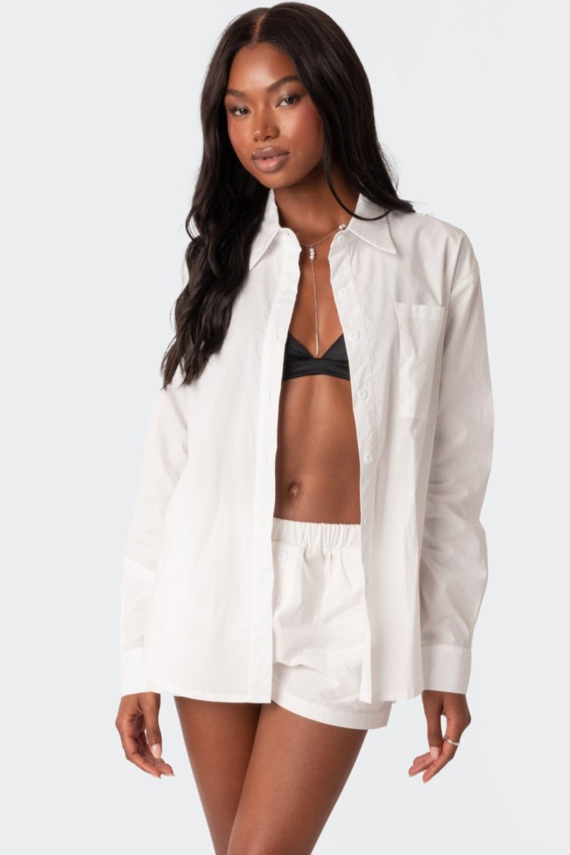 Edikted Aline Button Up Shirt Long Sleeve Tops White | USA SY483708X8