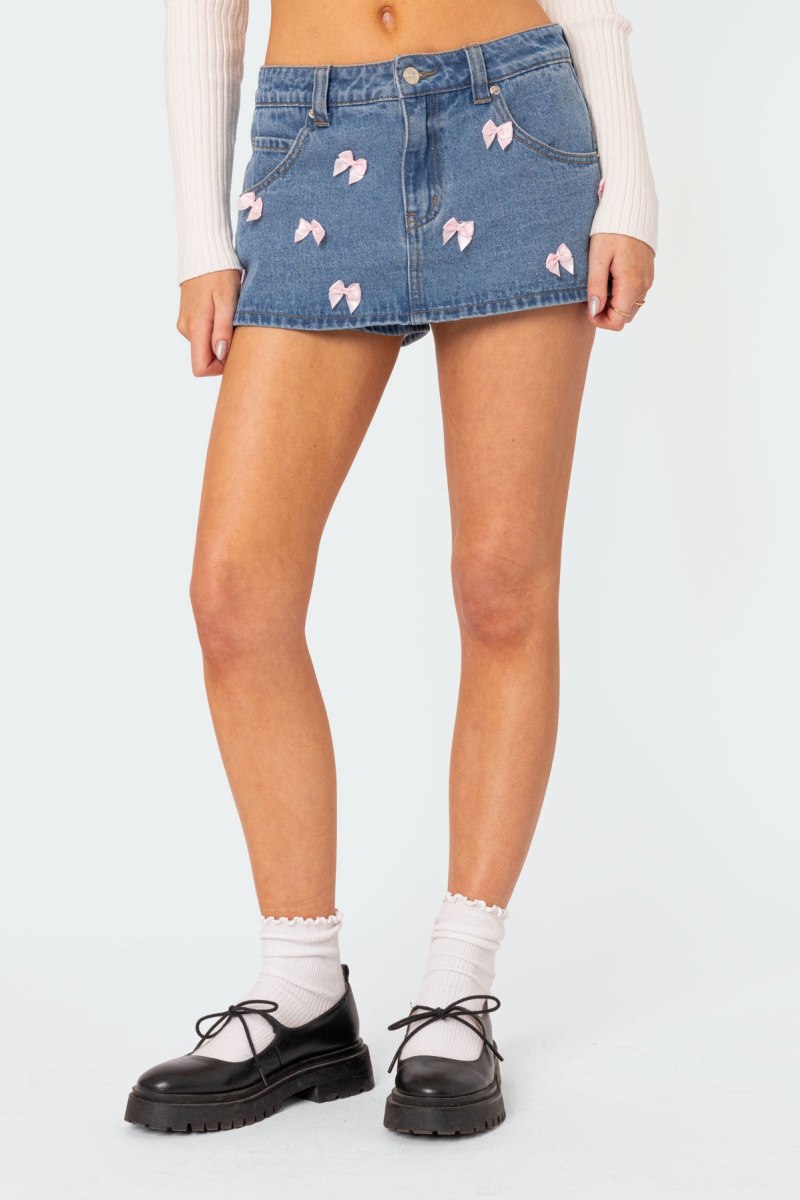Edikted Alivia Satin Bow Denim Micro Skorts Blue | USA GM045724X5