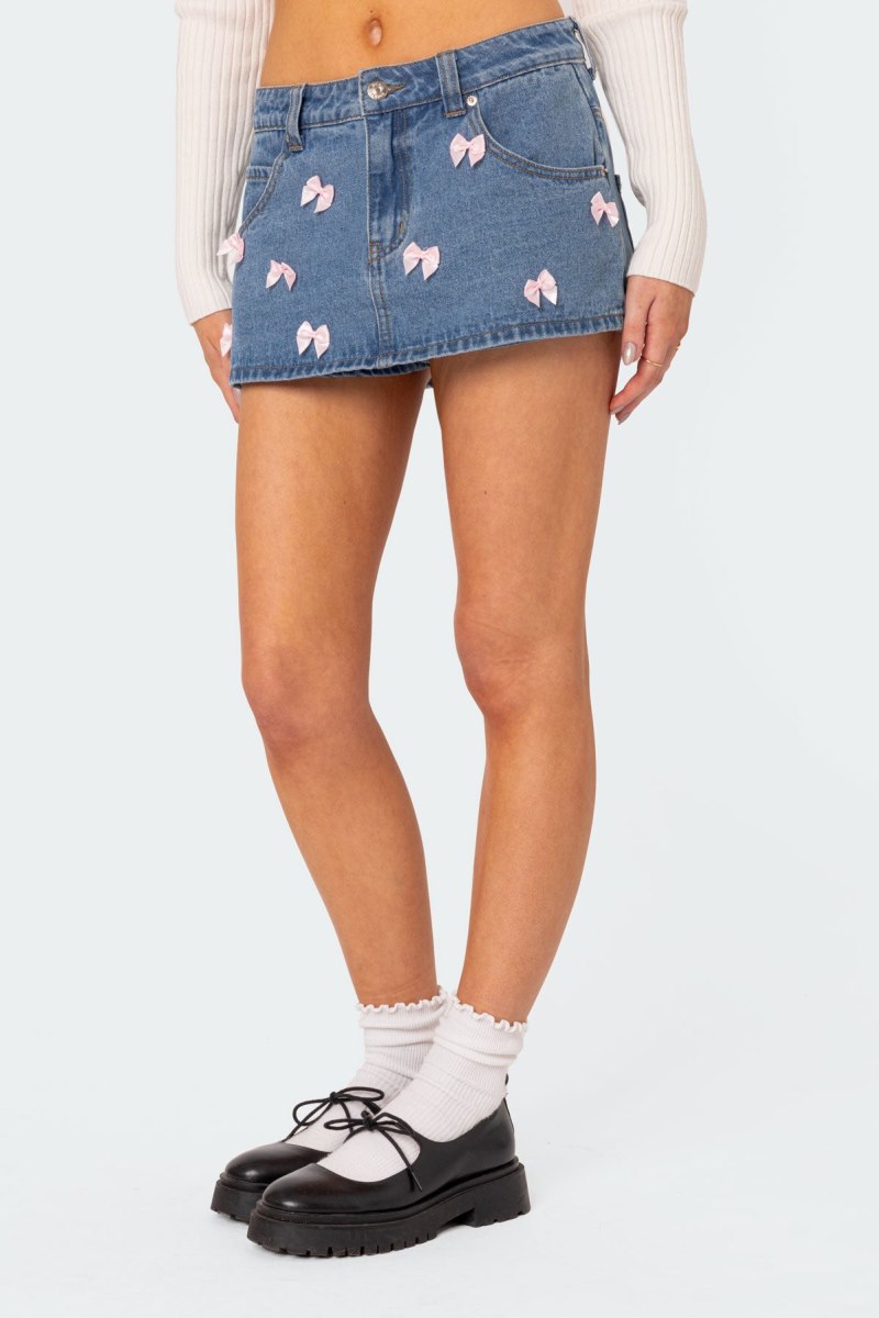 Edikted Alivia Satin Bow Denim Micro Skorts Blue | USA GM045724X5