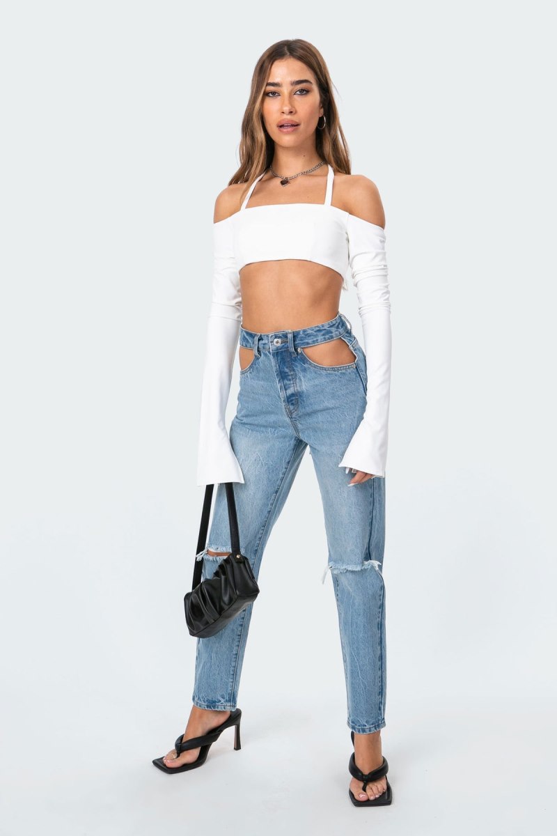 Edikted Aliyah Off Shoulder Crop Long Sleeve Tops White | USA RQ118231T7