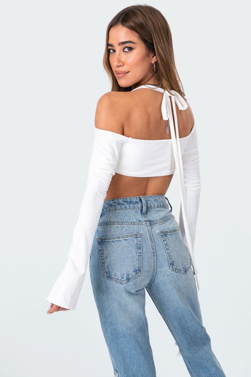 Edikted Aliyah Off Shoulder Crop Long Sleeve Tops White | USA RQ118231T7