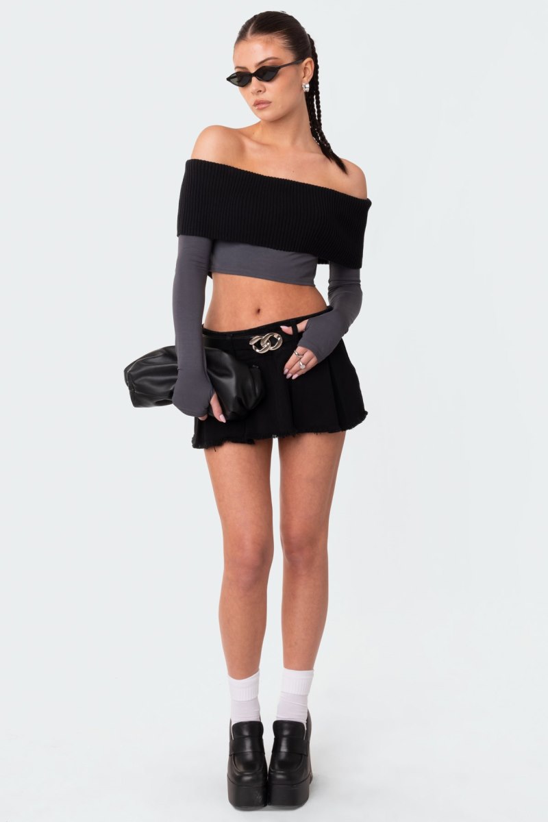 Edikted Alma Off Shoulder Half Knit Long Sleeve Tops Gray | USA BV577927D2