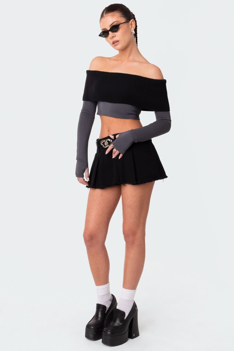 Edikted Alma Off Shoulder Half Knit Long Sleeve Tops Gray | USA BV577927D2