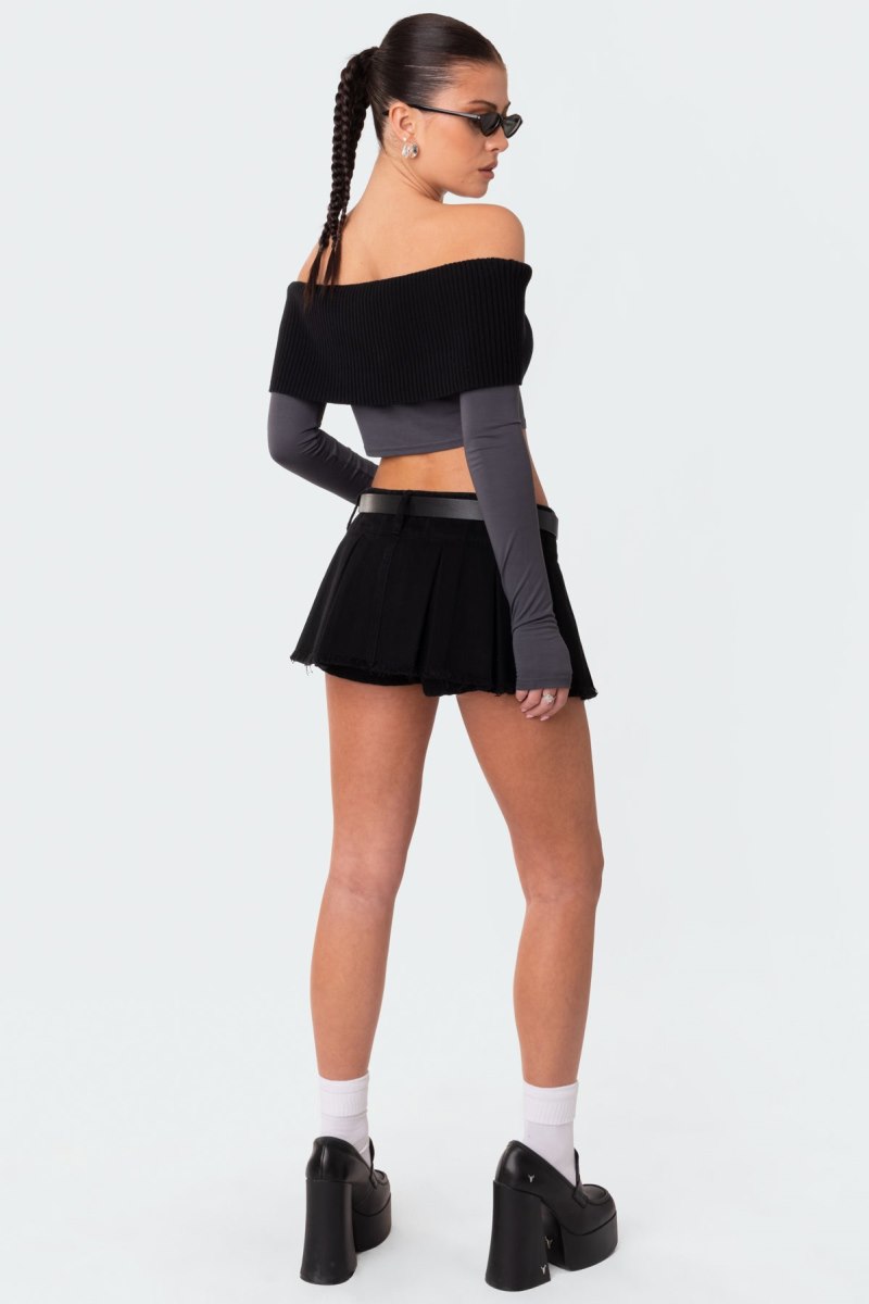 Edikted Alma Off Shoulder Half Knit Long Sleeve Tops Gray | USA BV577927D2