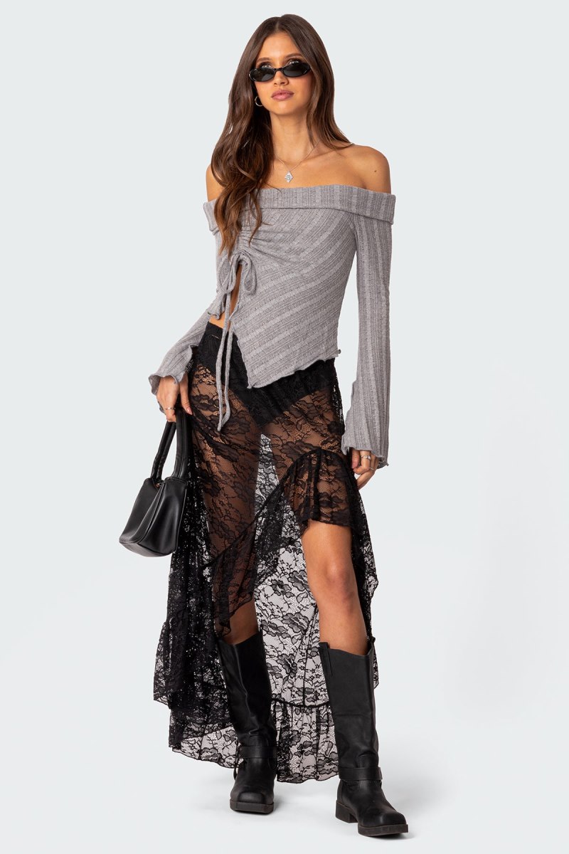 Edikted Alona Asymmetric Fold Over Knit Long Sleeve Tops Gray | USA KJ412551U3