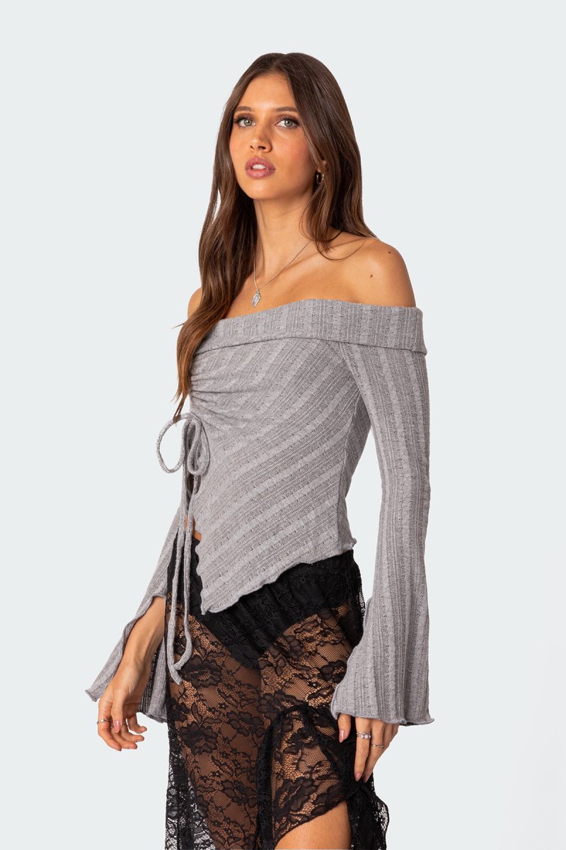 Edikted Alona Asymmetric Fold Over Knit Long Sleeve Tops Gray | USA KJ412551U3