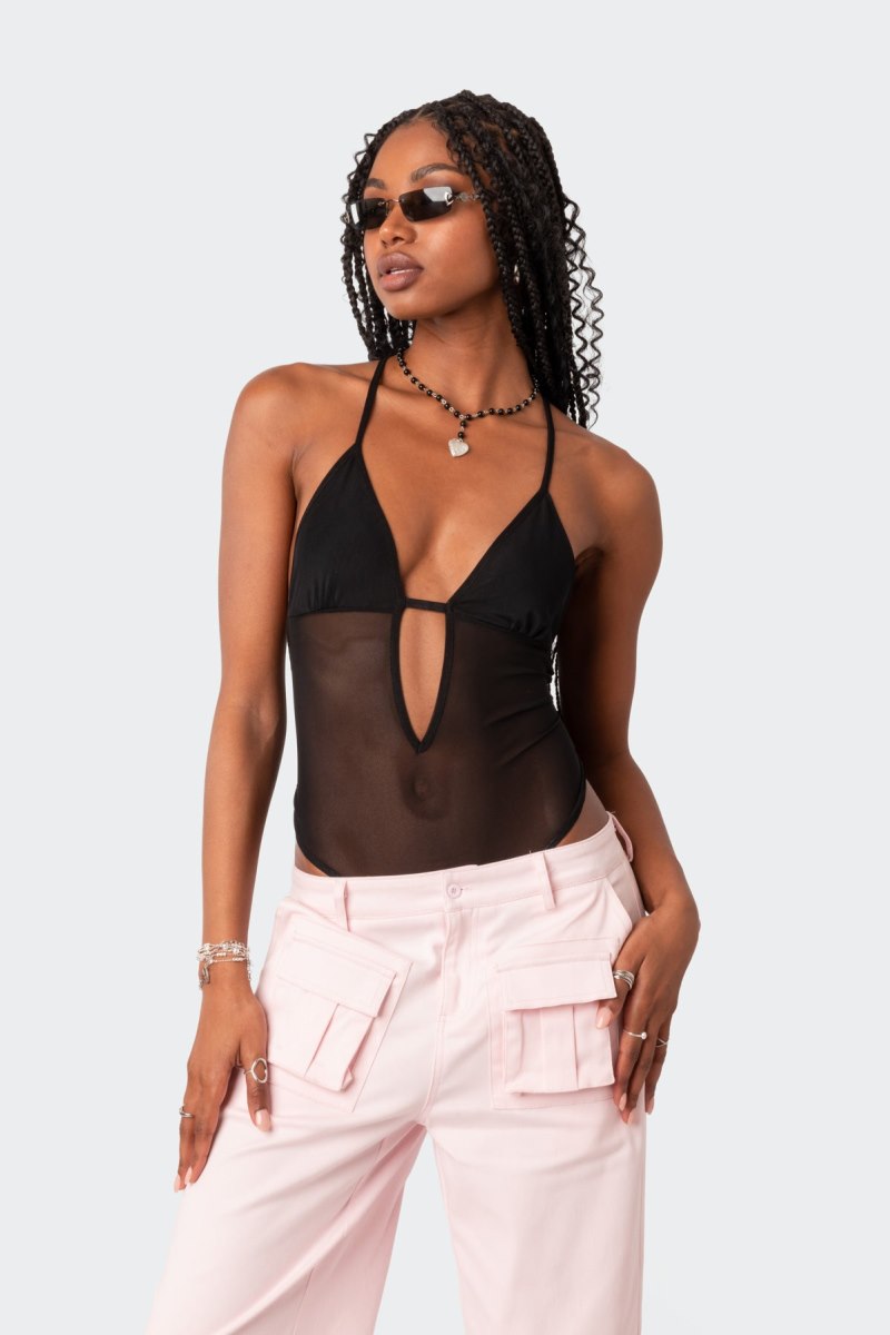 Edikted Alva Open Back Sheer Mesh Bodysuit Black | USA OV538953J4