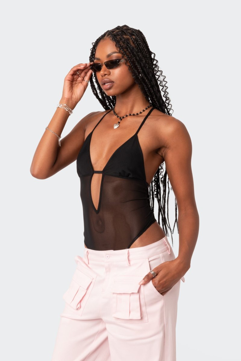 Edikted Alva Open Back Sheer Mesh Bodysuit Black | USA OV538953J4