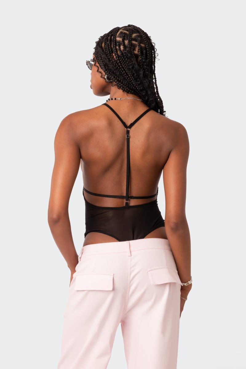 Edikted Alva Open Back Sheer Mesh Bodysuit Black | USA OV538953J4