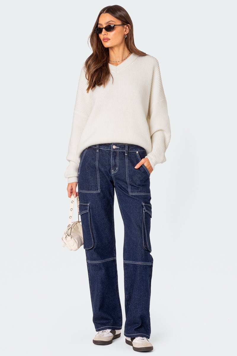 Edikted Alyssa Stitch Cargo Jeans Cargo Pants Blue | USA ML579177Z3