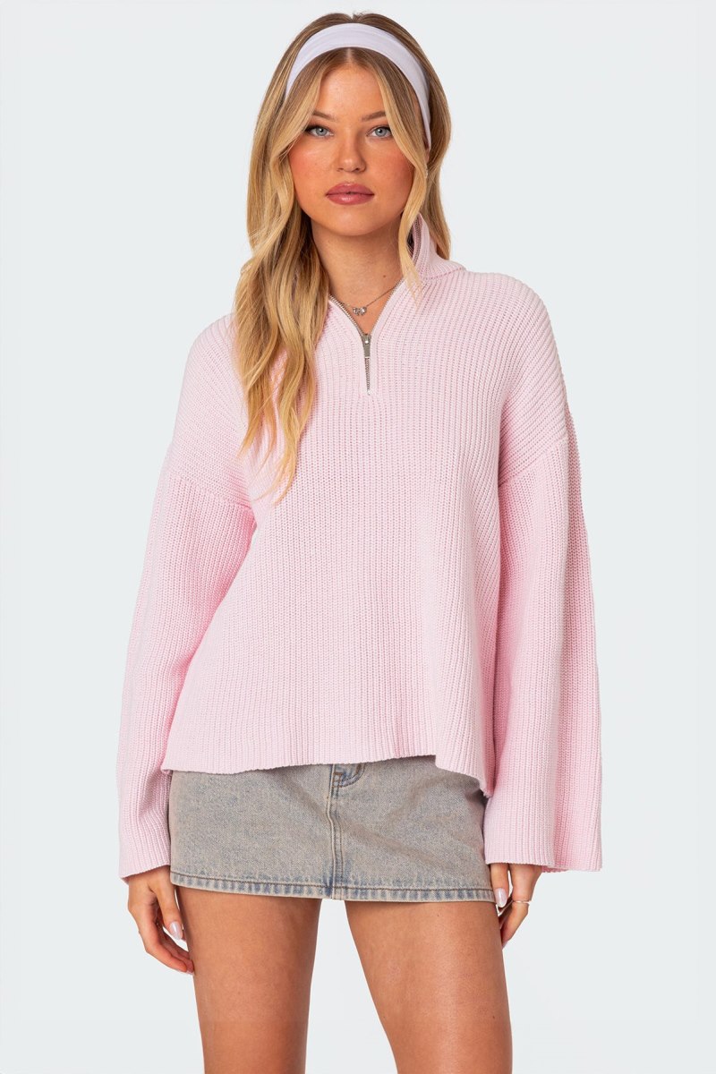 Edikted Amour High Neck Oversized Zip Sweater Beige | USA RU269186A5