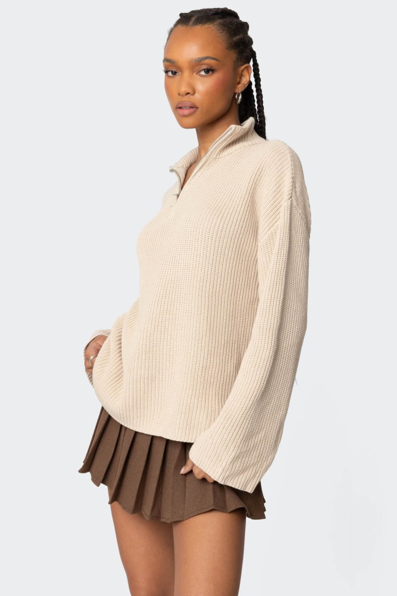 Edikted Amour High Neck Oversized Zip Sweater Beige | USA XS054445A6