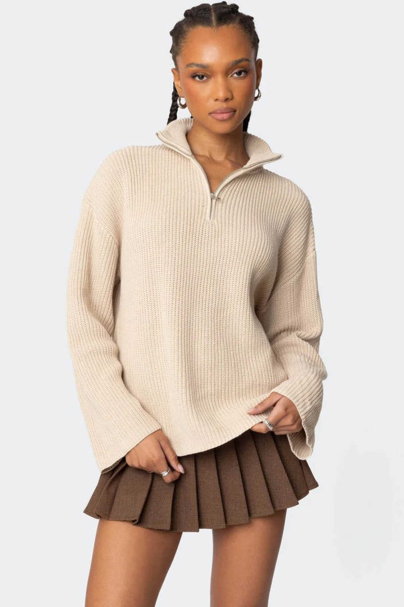 Edikted Amour High Neck Oversized Zip Sweater Beige | USA XS054445A6