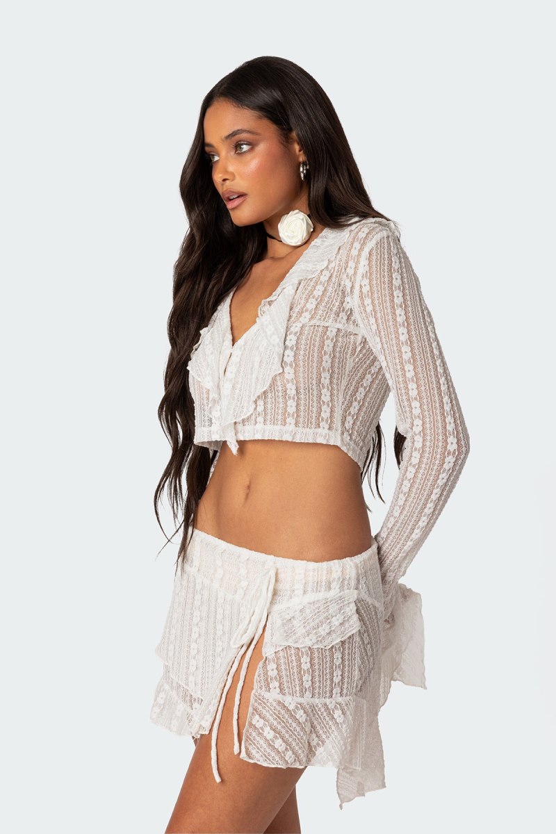 Edikted Anastasia Sheer Lace Crop Long Sleeve Tops White | USA WL508990S9