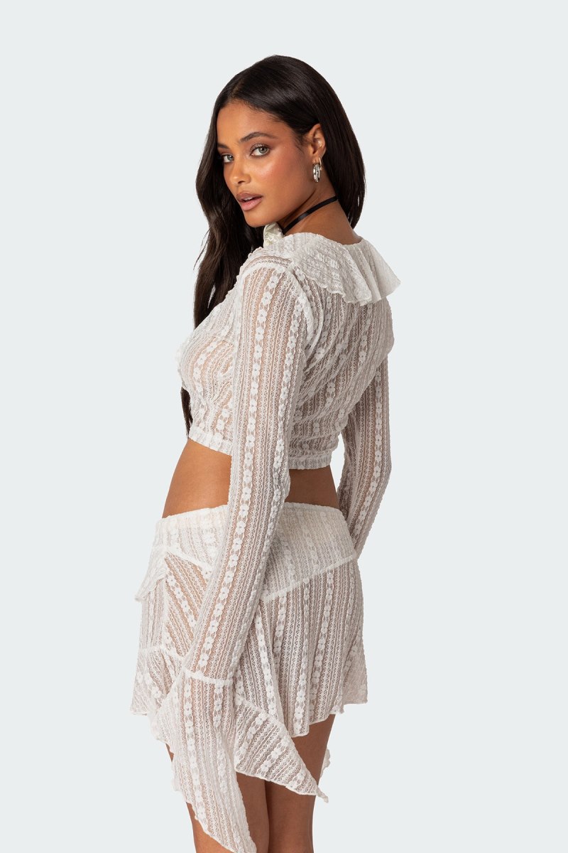 Edikted Anastasia Sheer Lace Crop Long Sleeve Tops White | USA WL508990S9