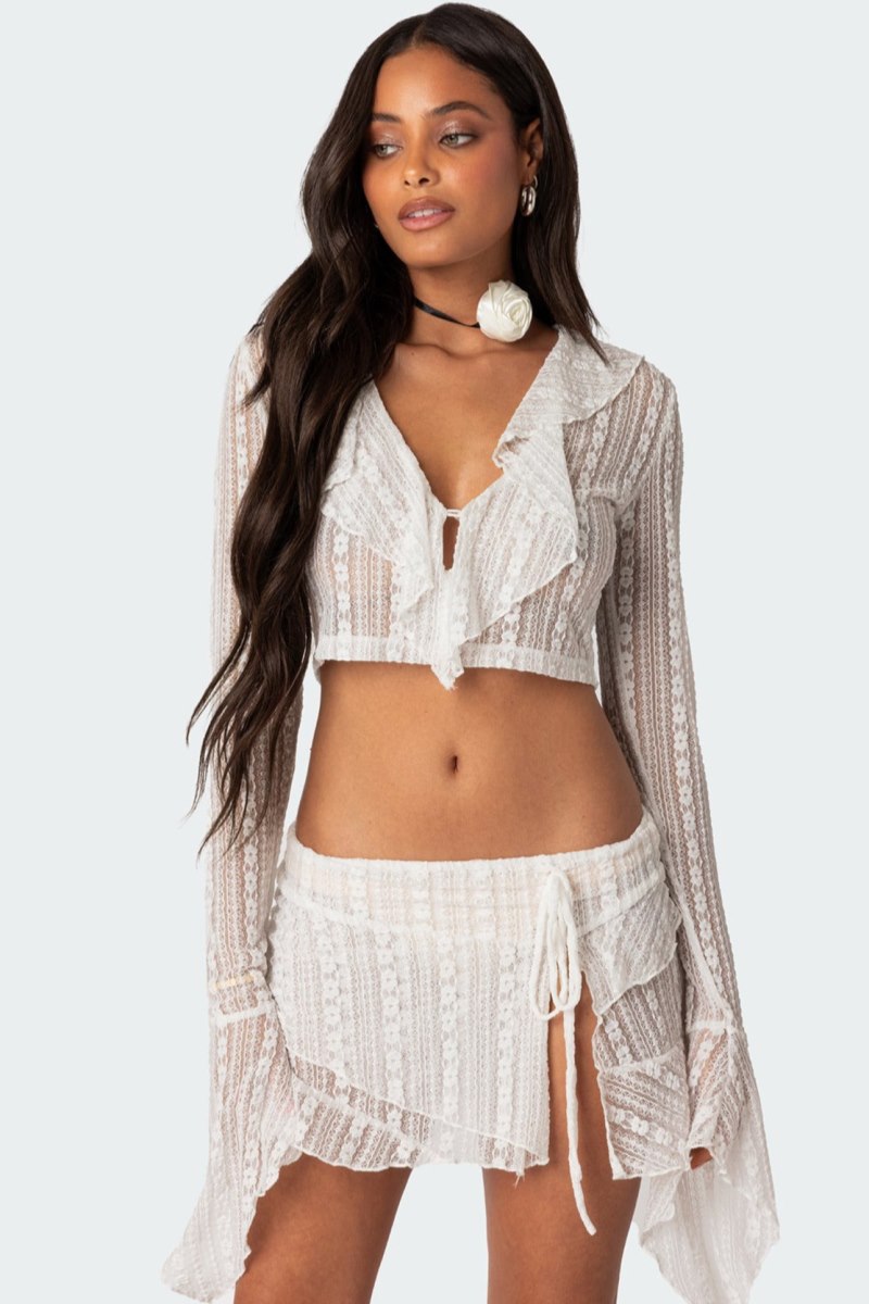 Edikted Anastasia Sheer Lace Crop Tops White | USA HL552025G3