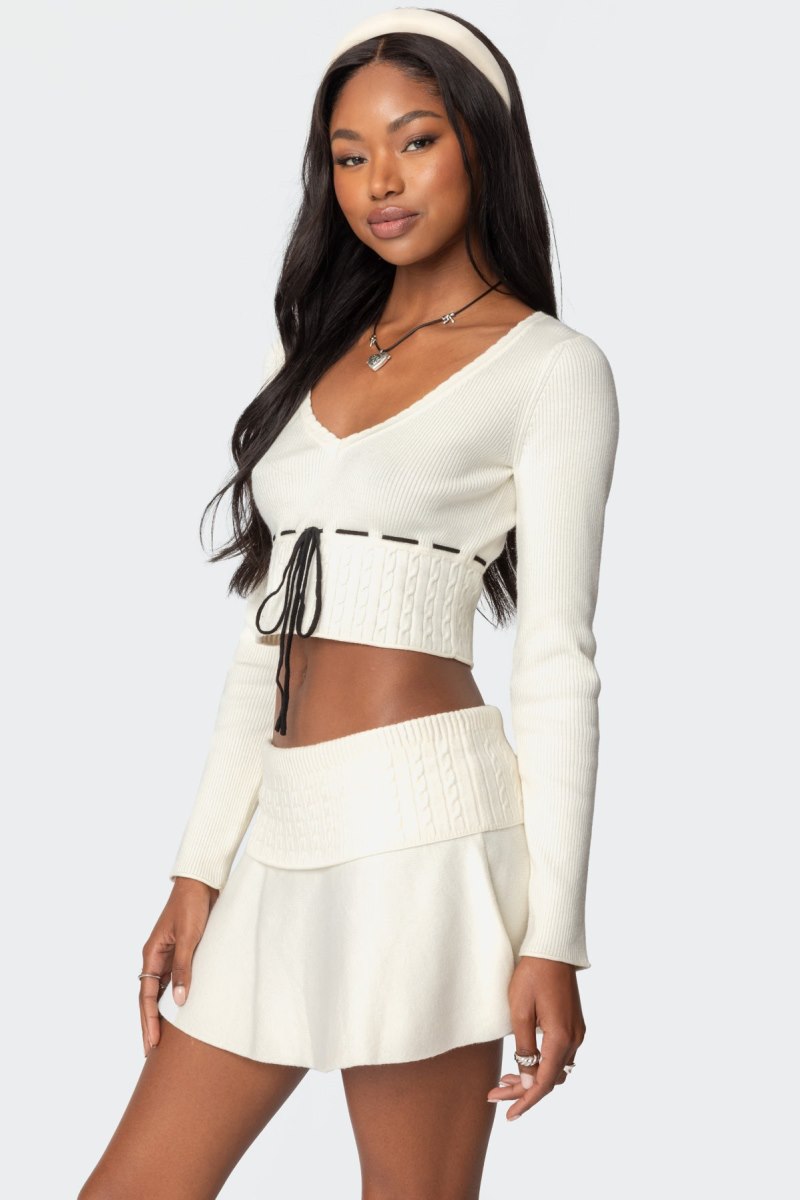Edikted Andie Ribbon Knit Crop Tops Cream | USA MZ127732L0