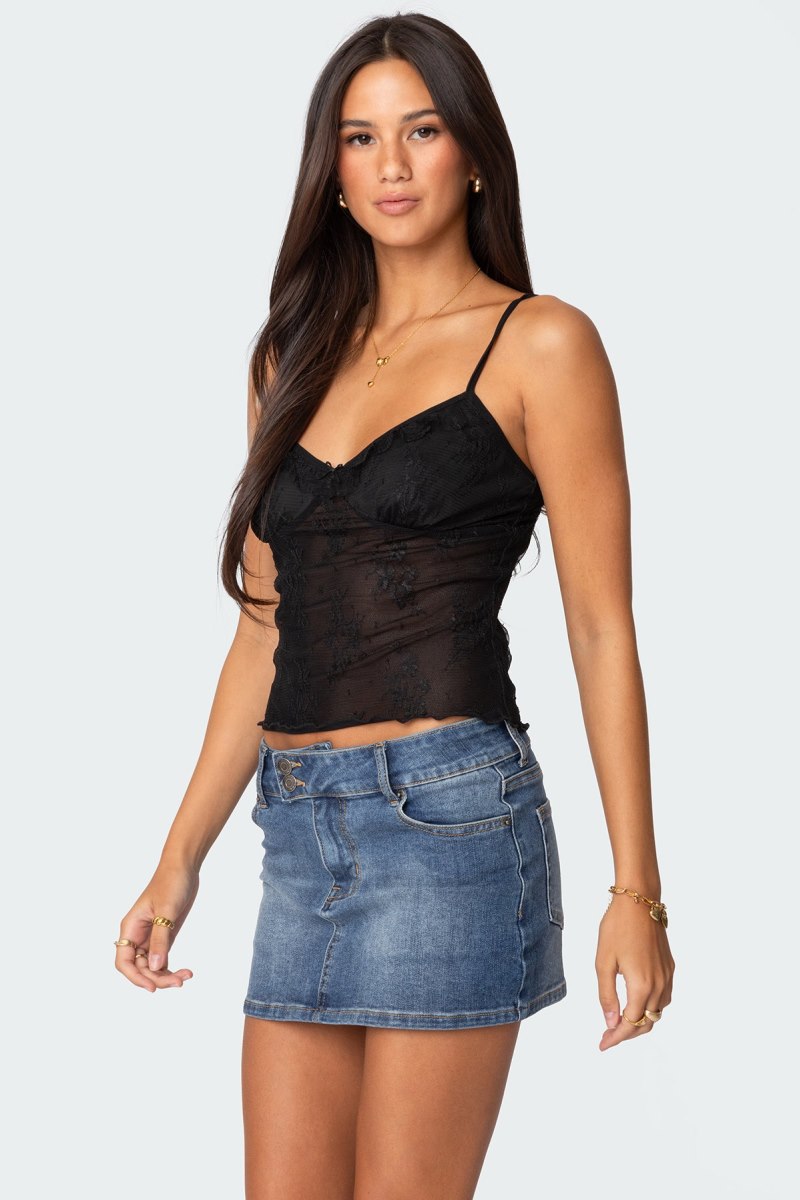 Edikted Angelina Sheer Lace Tank Top Black | USA GI550495O3