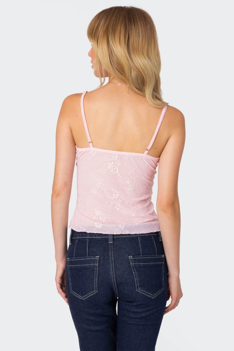 Edikted Angelina Sheer Lace Tank Top Black | USA BQ393579W7