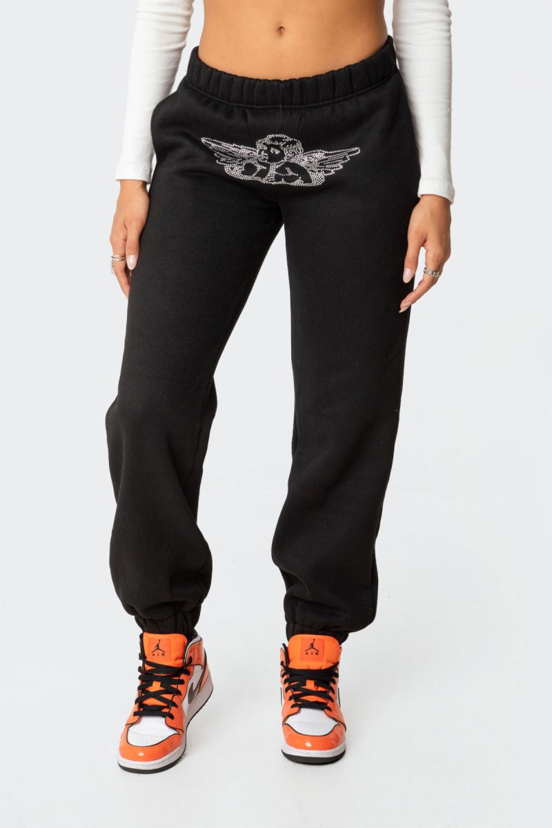 Edikted Angie Rhinestone Sweatpants Pants Black | USA PN578217D6