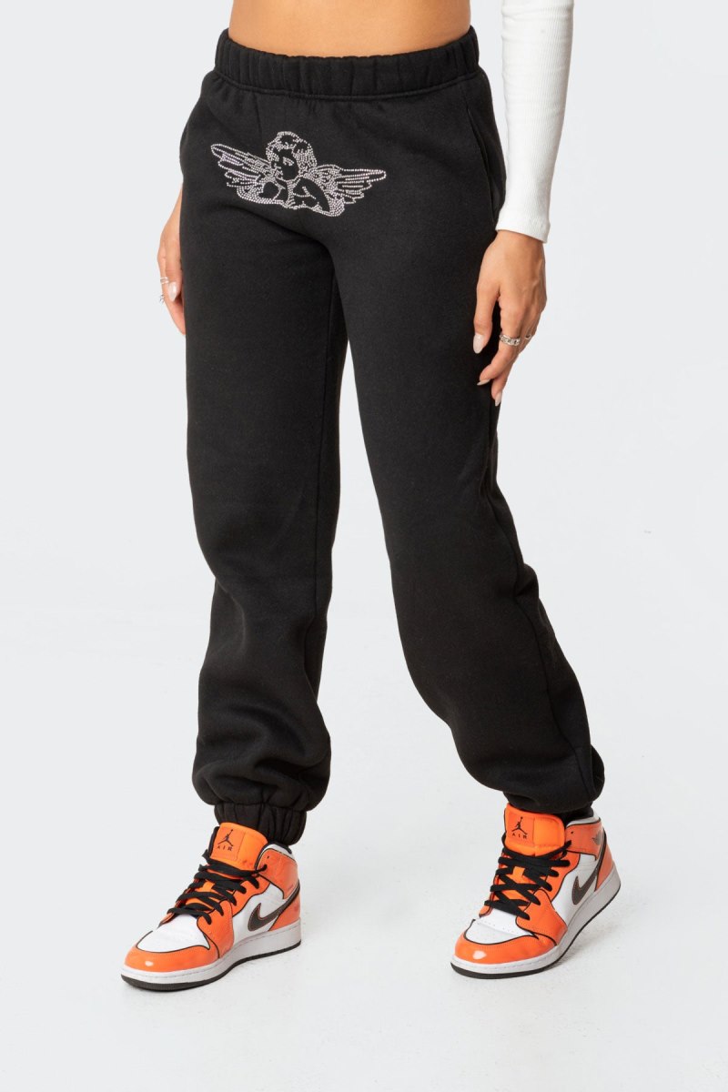 Edikted Angie Rhinestone Sweatpants Pants Black | USA PN578217D6
