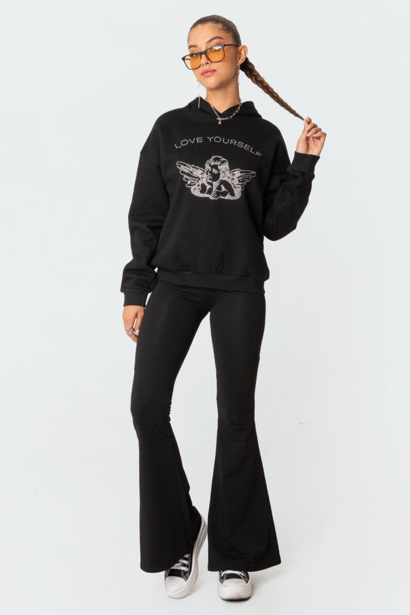 Edikted Angie Rhinstone Hoodie Long Sleeve Tops Black | USA YI877857Q9