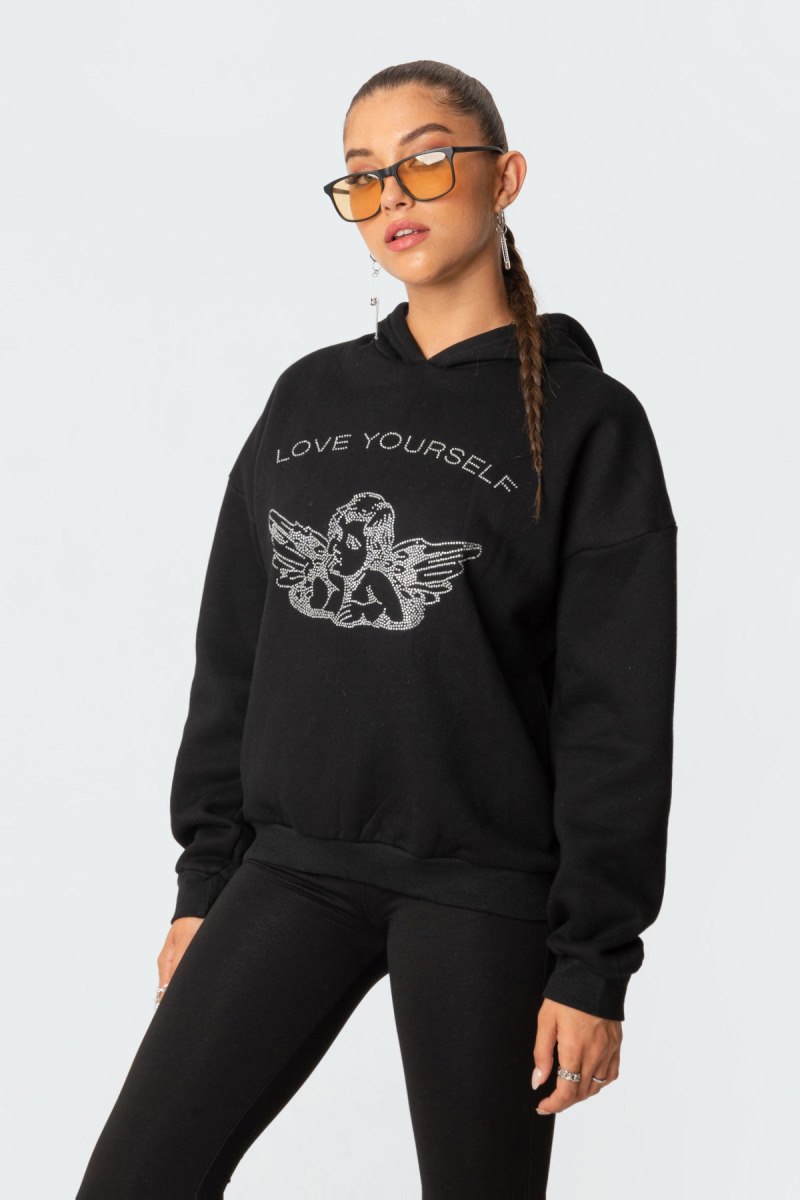 Edikted Angie Rhinstone Hoodie Long Sleeve Tops Black | USA YI877857Q9