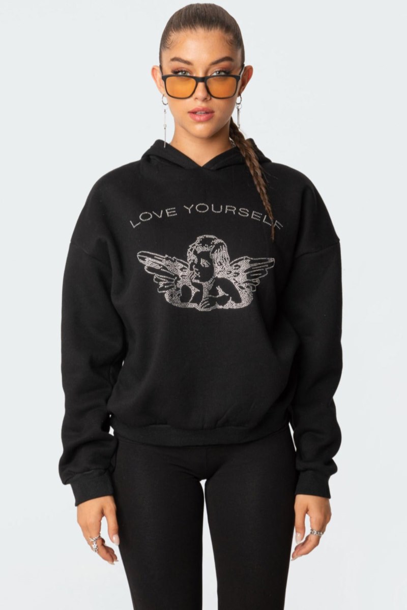 Edikted Angie Rhinstone Hoodie Long Sleeve Tops Black | USA YI877857Q9