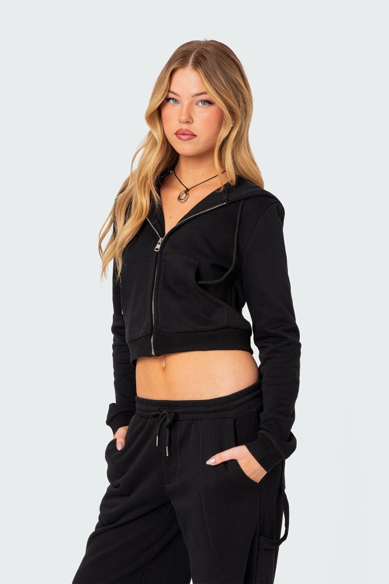 Edikted Annalise Zip Front Hoodie Long Sleeve Tops Black | USA EZ743604X2