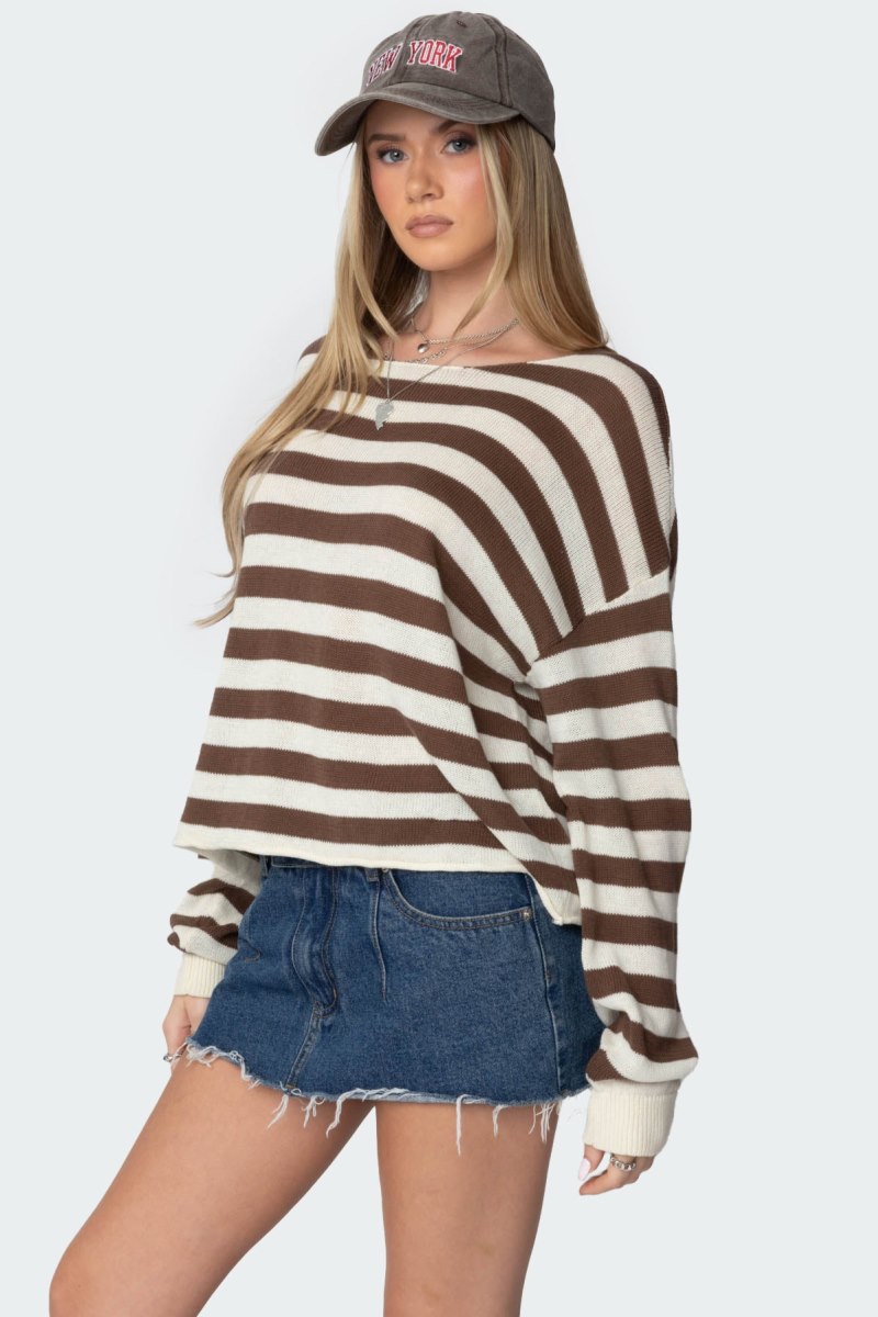 Edikted Anney Oversized Striped Sweater Long Sleeve Tops Blue And Cream | USA DZ080858A4