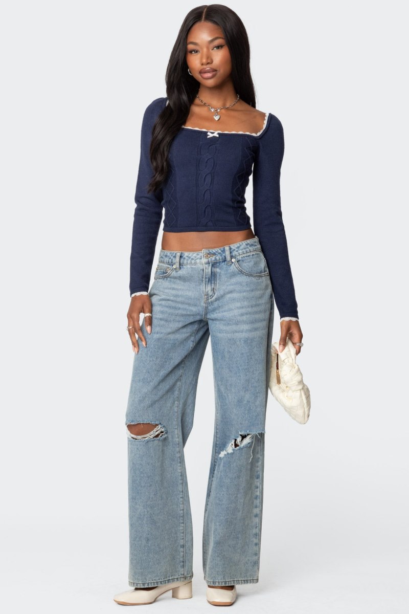 Edikted Ansley Lacey Cable Knitted Tops Navy | USA OH206360T6