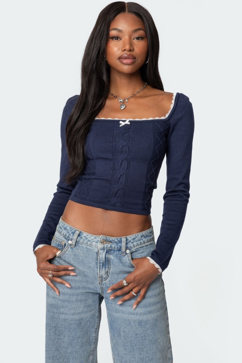 Edikted Ansley Lacey Cable Knitted Tops Navy | USA OH206360T6