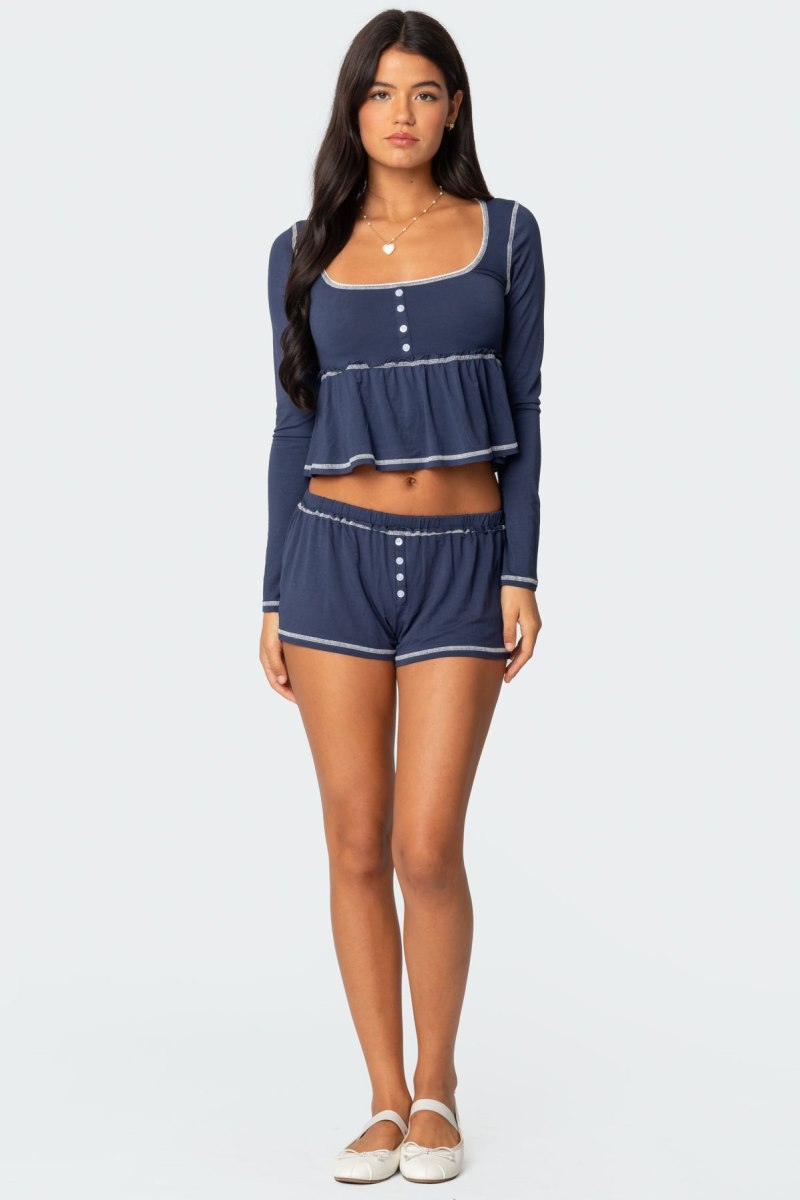 Edikted Arianne Contrast Babydoll Long Sleeve Tops Navy | USA NP226102Y3